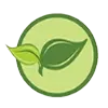 A green leaf in a green circle on a white background.